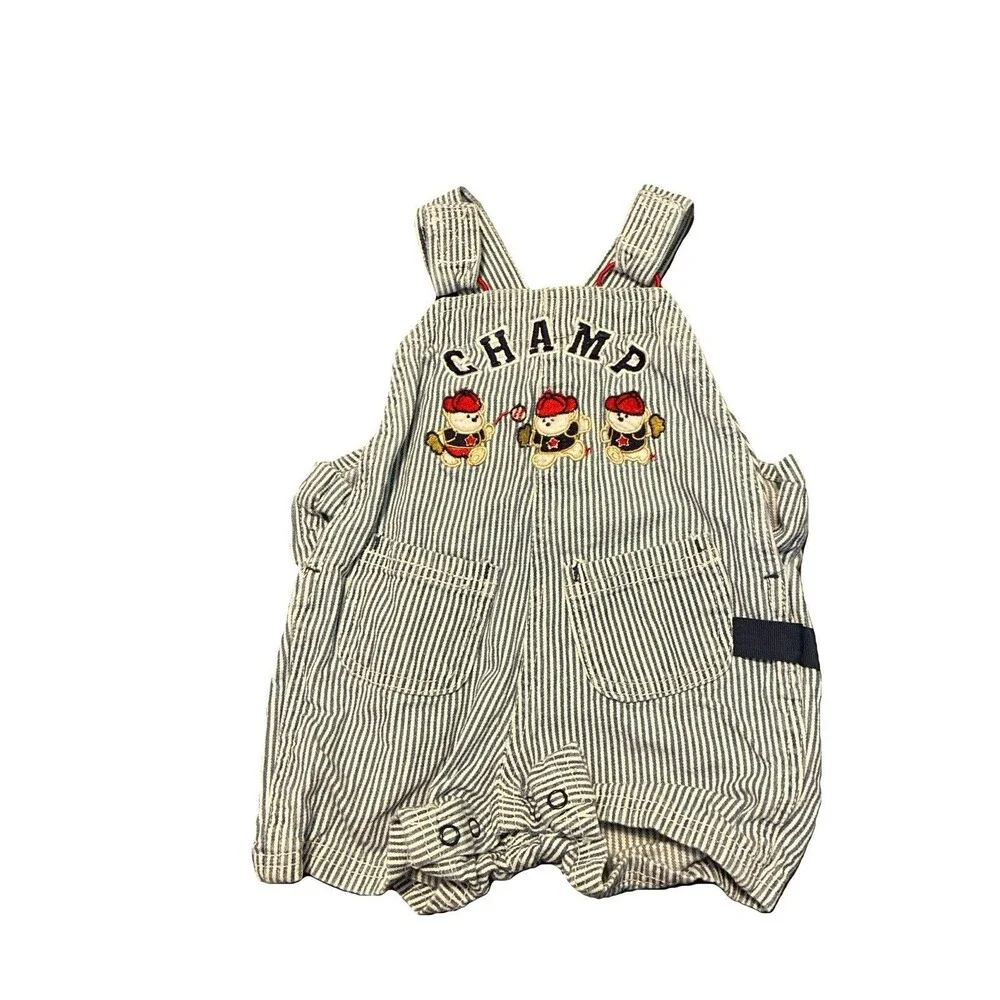 Vintage Baby Railroad Stripe Bubble Romper CHAMP Teddy Bear Embroidered Shortall
